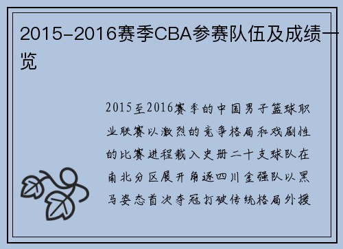 2015-2016赛季CBA参赛队伍及成绩一览