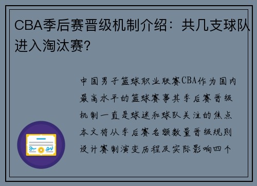 CBA季后赛晋级机制介绍：共几支球队进入淘汰赛？