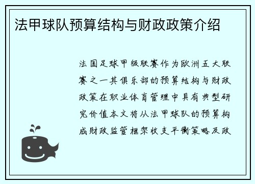 法甲球队预算结构与财政政策介绍